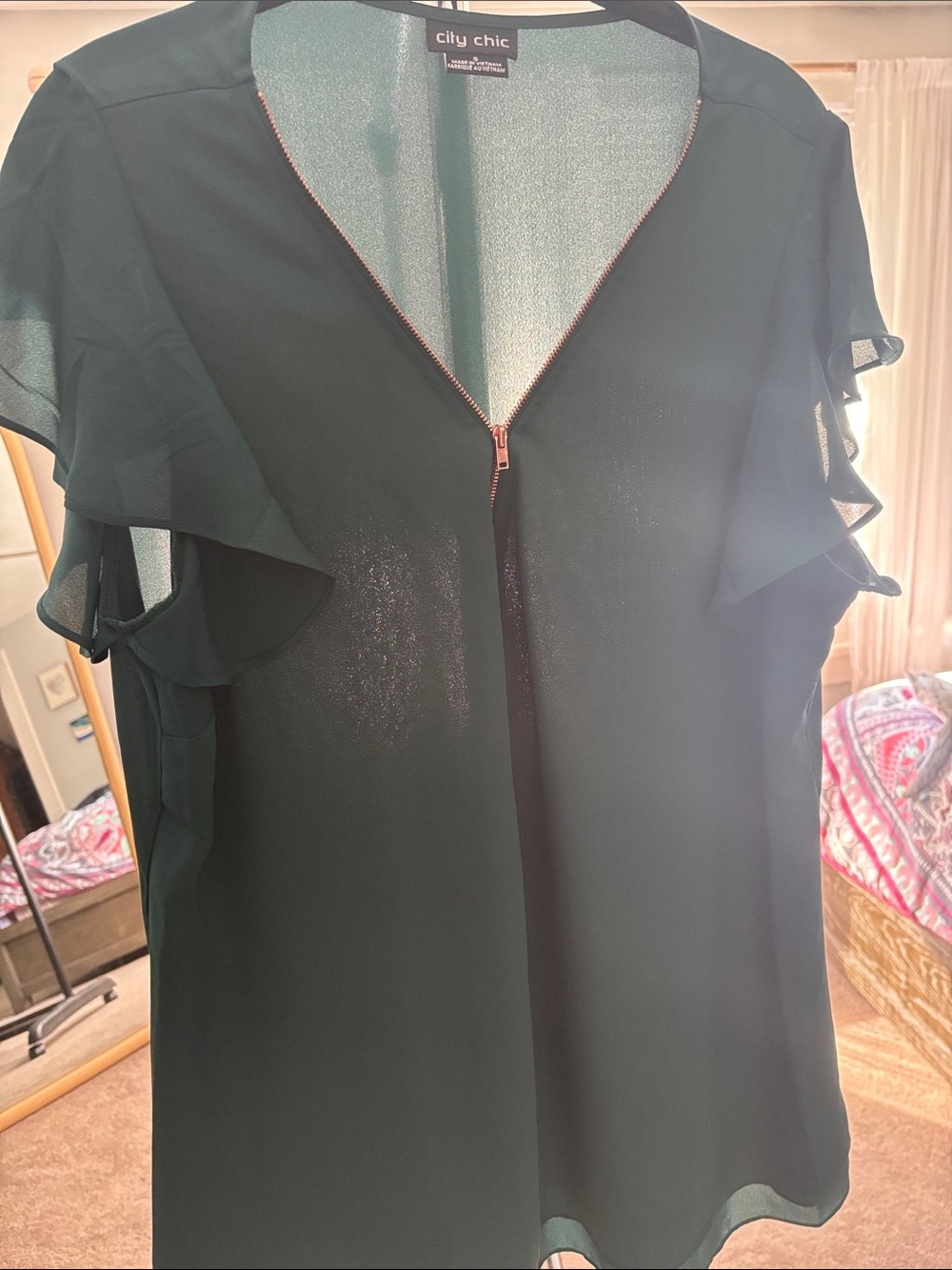 City Chic Dark green Zip-Front Ruffle Sleeve Blouse